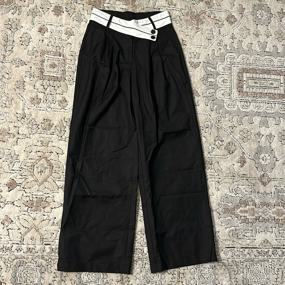 Commense Asymmetrical Contrast Waistband Wide Leg Pants Black/White